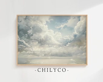 Vintage Clouds Oil Painting | Digital Download | Cloudy Sky Art | Clouds Over the Ocean | Blue Skies Art | Gray Skies Art | Nursery Artwork