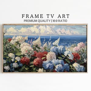Summer Frame TV Art | Coastal Hydrangeas Frame TV Art | Patriotic Memorial Day Art | Red, White and Blue Art | 4th of July Samsung Frame TV