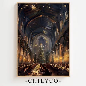 May include: A large, ornate hall decorated for a holiday gathering. A tall Christmas tree stands in the center of the room, surrounded by tables and chairs. The room is lit by twinkling lights and decorated with garlands of greenery.