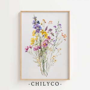 Minimalist Wildflower Wall Art | Watercolor Flowers Oil Painting | Antique Meadow Wildflowers Art | Watercolor Summer Botanical Art