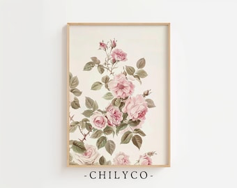 Botanical Spring Farmhouse Decor | Vintage Floral Print | French Country Digital Art | Antique Rose Printable Wall Art | Pink Flower Sketch