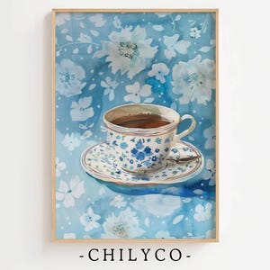 Watercolor Teacup Art | Printable Instant Download | Blue Floral Art | Blue Flowers | Tea Lover | Vintage Teacup | Tea Art | Flowers and Tea