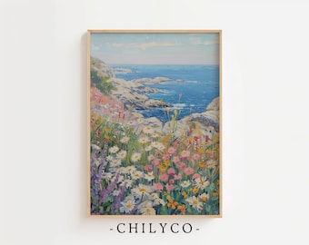 Coastal Wildflowers Printable Art | Spring Floral Seaside Coastal Decor | Vintage Beach Landscape Painting | Summer Farmhouse Wall Art
