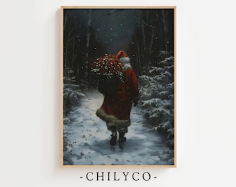 Vintage Moody Santa Claus Oil Painting | Dark Christmas Art | Vintage Floral Santa Art | Santa Carrying Roses | Winter Forest Art