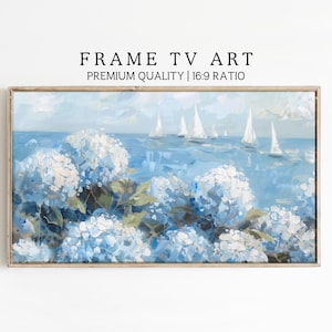 Blue Hydrangeas Samsung Frame TV Art | Summer Frame TV Art | Coastal Frame TV Art| Floral Sailboat Print | Nautical Oil Painting Decor