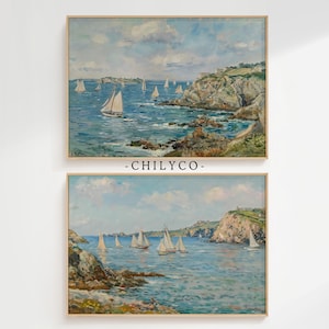 Sailboat Lake Painting | Summer Coastal Decor | Digital Download | Sailing Art Print Bundle | Lake House Decor | Vintage Ocean Oil Painting