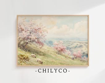 Lente schapenveld olieverfschilderij | Lente pastel weidedecor | Boerderij schapen kunst | Cottage lente kleurrijke veldkunst | Vintage schapenkunst