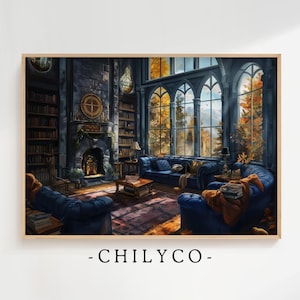 Magical Common Room Oil Painting | Blue Magical Watercolor Art | Wizard Common Rooms | Witch and Wizard Art | Vintage Magical Art