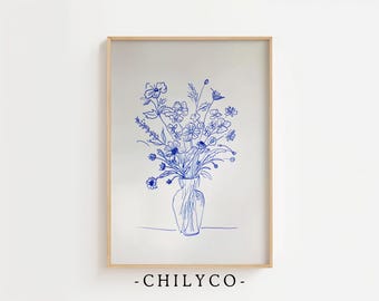 Blue Floral Still Life Drawing | Flower Bouquet Art Print | Cottagecore Art | Minimalist Wildflower Decor | Fine Line Floral Art