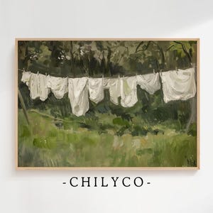 Vintage Laundry Room Art | Farmhouse Wall Decor | Antique Oil Painting | Cottagecore Wall Art | Summer Laundry Line Oil Painting