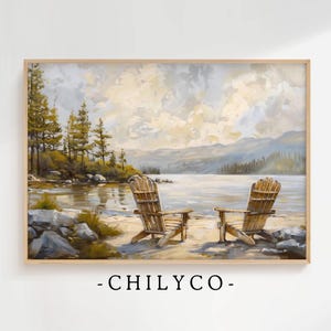 Chairs by the Lake Artwork | Lake House Art | Beach at the Lake | Adirondack Chairs | Vintage Lake Art | Rustic Lakefront Art | Neutral Lake