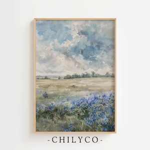 Blue Wildflower Painting | Neutral Landscape Print | Muted Spring Wall Printable | Vintage Cottagecore Decor | Simple Blue Wildflowers