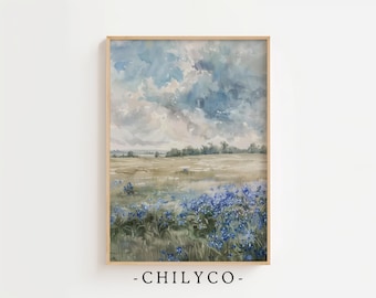Blue Wildflower Painting | Neutral Landscape Print | Muted Spring Wall Printable | Vintage Cottagecore Decor | Simple Blue Wildflowers