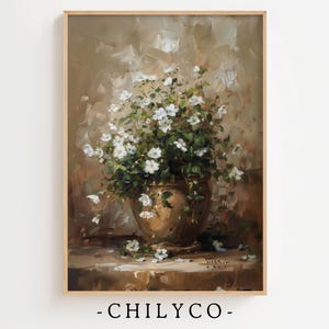 May include: A painting of a bouquet of white flowers in a brown ceramic vase. The flowers are arranged in a loose, natural style, and the vase is decorated with a simple design. The background is a soft, muted brown.