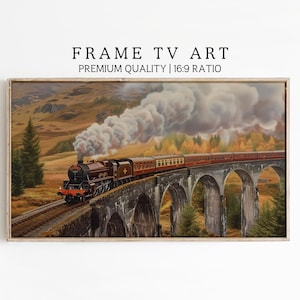May include: A red and black steam train travels across a stone bridge in a mountainous landscape. The train is surrounded by clouds of steam and smoke. The bridge is made of stone arches and is surrounded by trees and hills. The train is traveling through a valley and the mountains are in the background.