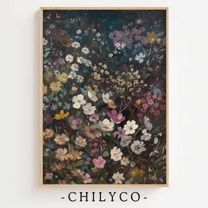 May include: A framed print of a floral arrangement with a dark background. The flowers are in shades of pink, white, yellow, and purple. The print is framed in a light wood frame.