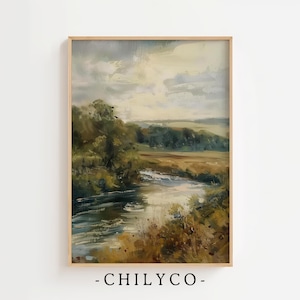 May include: A painting depicting a landscape with a river meandering through a field of green grass. The sky is cloudy and the trees are a mixture of green and brown.