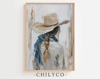 Coastal Cowgirl Art Print | Cowgirl in White Cowboy Hat | Neutral Western Art | Minimalist Coastal Art | Cowgirl Oil Painting