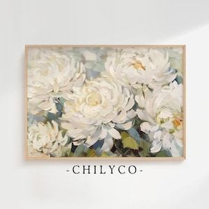 May include: A framed floral painting featuring large, white flowers with textured brushstrokes. The artwork has a light wooden frame and a soft, neutral color palette. The text "-CHILYCO-" is at the bottom.