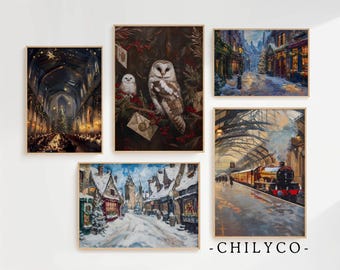 Vintage Magical Christmas Art Bundle | Wizard School Christmas Decor | Rustic Christmas Art | Wizard Castle Art | Wizard Town Art