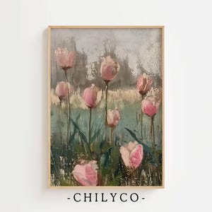 Tulip Still Life Painting | Vintage Wildflower Art | Rustic Botanical Wall Art | Dark Tulip Field Art | Moody Wildflowers Decor | Farmhouse