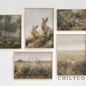 Printable Vintage Wildflower Prints | Spring Wall Art Bundle | Antique Cottage Gallery Wall | Country Field Landscape | Easter Spring Decor