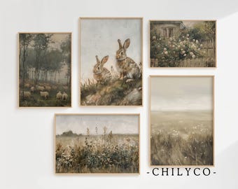 Printable Vintage Wildflower Prints | Spring Wall Art Bundle | Antique Cottage Gallery Wall | Country Field Landscape | Easter Spring Decor