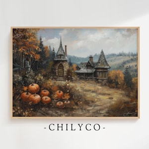 May include: A painting of a rustic cottage with a pointed roof and a pumpkin patch in the foreground. The cottage is surrounded by trees and a field of grass. The sky is cloudy and the overall tone of the painting is autumnal.