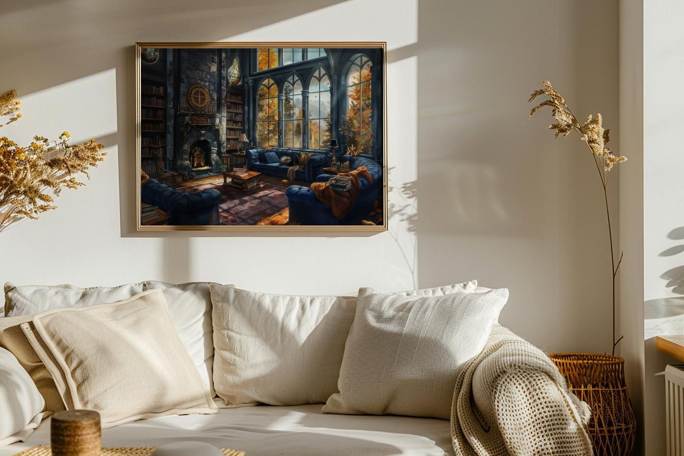 Magical Common Room Oil Painting | Blue Magical Watercolor Art | Wizard ...