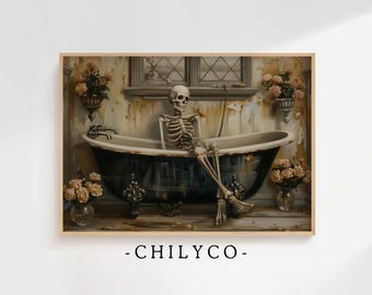 Skeleton in a Bathtub Printable Art | Halloween Art | Fall Art | Vintage Oil Painting | Scary Artwork | Skeleton Art | Bathroom Artwork