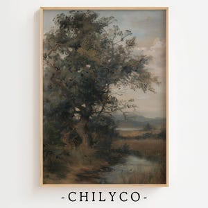Rustic Oak Tree Printable Art | Tree Landscape | Moody Forest Art | Vintage Oil Painting | River Art | Dirt Path Art | Spring Tree Art