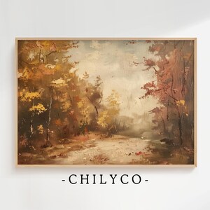 May include: A painting of a forest scene with trees in shades of brown, yellow, and red. The trees are in the foreground and the background is a hazy blue.