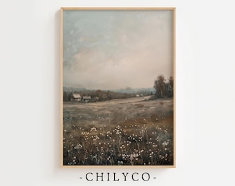 Printable Wildflower Field Landscape Oil Painting | Country Field Wall Art Digital Download | Vintage Landscape Art Print | Antique Meadow