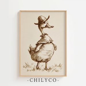 May include: A sepia-toned illustration of a duck wearing a hat and a ruffled collar. The duck is standing in a field of grass.