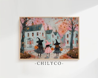 May include: A framed watercolor print depicts three figures in witch costumes walking down a street, each carrying a jack-o'-lantern. The scene is set in a town with light blue houses and autumn foliage. The text "-CHILYCO-" is at the bottom.