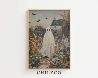 Décoration murale Halloween Cottagecore | Impression fantôme lunatique | vintage effrayant à imprimer | Peinture de jardin maison hantée | Téléchargement numérique d'automne