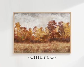 May include: A watercolour painting depicting a woodland scene with trees in shades of orange, yellow, and brown. The trees are set against a backdrop of a light grey sky with white clouds. The ground is covered in a field of tall grass.