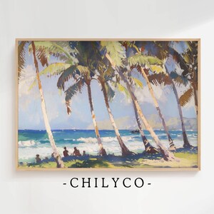 Puede incluir: Una pintura que representa una escena de playa tropical con palmeras y un océano azul. La pintura está realizada en estilo acuarela y presenta un grupo de personas sentadas en la playa.