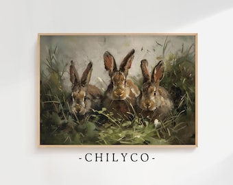 Osterhasen Ölgemälde | Vintage Ostern Dekor | Minimalistische Kaninchen Kunst | Kaninchen-Kinderzimmer Dekor | Moody Bunny Kunst | Antike Hasenfreunde