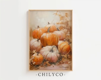 Pintura a óleo de abóboras de outono | Decoração de fazenda | Decoração minimalista de outono | Arte de parede com abóboras neutras | Decoração simples de Halloween | Arte de parede de outono
