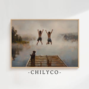 Boys Jumping Lake Art Print | Printable Vintage Lake Oil Painting | Summer Lake Memories | Landscape Oil Painting | Lake Cabin Wall Art