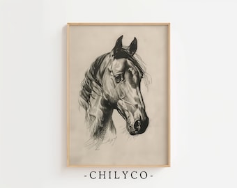 Vintage Horse Sketch | Farmhouse Decor | Equestrian Wall Art Print | Farm Animal Drawing | Horse Lover Gift | Antique Cottagecore Decor