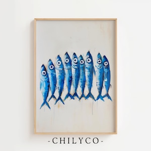 Sardine Painting | Antique Still Life Fish Art | Nautical Fish Coastal Home Art| Vintage Sea Life Print | Wall Decor for Fish Restaurant