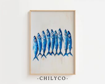 Sardine Painting | Antique Still Life Fish Art | Nautical Fish Coastal Home Art| Vintage Sea Life Print | Wall Decor for Fish Restaurant