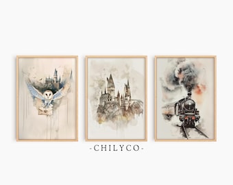 Wizarding Baby Decor | Neutral Wizard Nursery Set of 3 | Snowy Owl Print | Castle Wall Art | Express Train | Baby Shower Gift | Harry Print