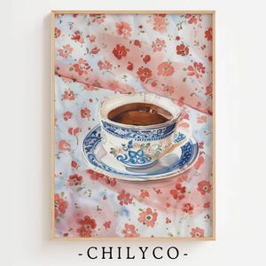 Roze theekopje afdrukbare kunst | Aquarel theekopje | Roze kunst | Wanddecoratie voor meisjeskamer | Vintage theekopje | Roze bloemsierkunst | Blauw theekopje