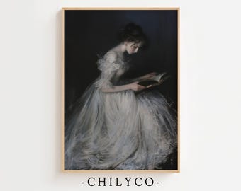Victorian Woman Reading a Book | Vintage Wall Art Print | Dark Academia Decor | Book Lover Library Art | Literary Cottagecore Print