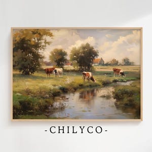 Country Cows Printable Art | Cows in a Field | Rustic Country Art | Vintage Oil Painting | Cow Pasture Artwork | Spring Farm Art