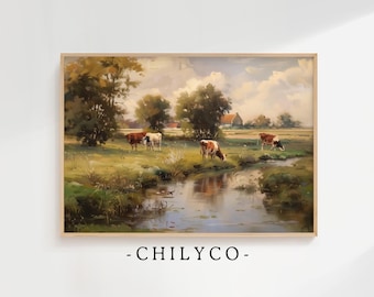 Country Cows Printable Art | Cows in a Field | Rustic Country Art | Vintage Oil Painting | Cow Pasture Artwork | Spring Farm Art