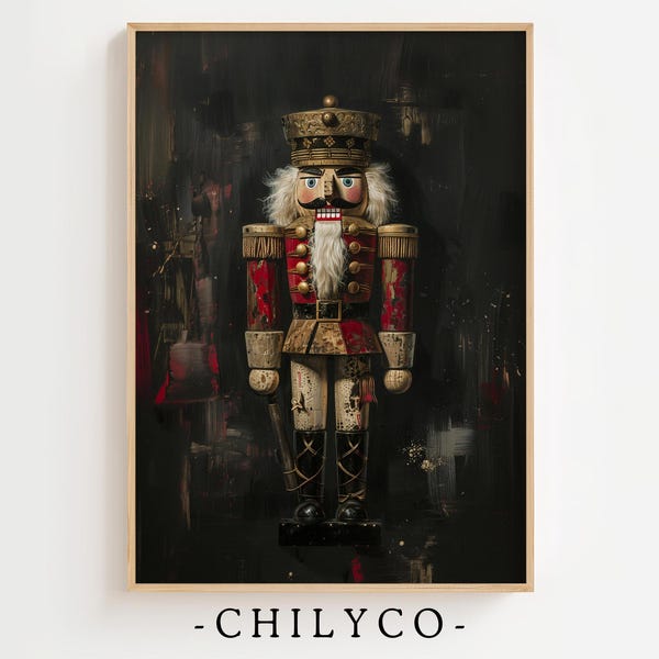 Vintage Nussknacker Kunst | Stimmungsvoller Nussknacker Ölgemälde | Weihnachtsdruck | Neutral Urlaub Ölgemälde | Antiker dunkler Nussknacker